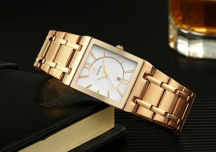 WWOOR Brand Luxury Gold Bracelet Men's Watches Fashion Square Quartz Wrist Watch For Men Stainless Steel Waterproof Reloj Hombre