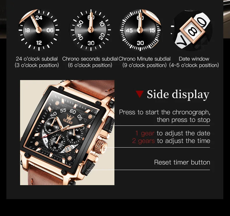 OLEVS Top Brand Male Watches Square Quartz Watch Watch For Men Waterproof Leather Strap Sport Clock Male Relogio Masculino - LKBA