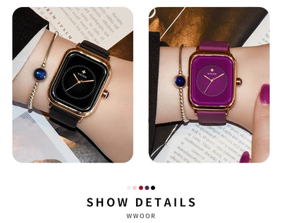WWOOR Luxury Brand Watches For Women Fashion Square Purple Ladies Quartz Wristwatch Waterproof Silicone Band Relogio Feminino - LKBA