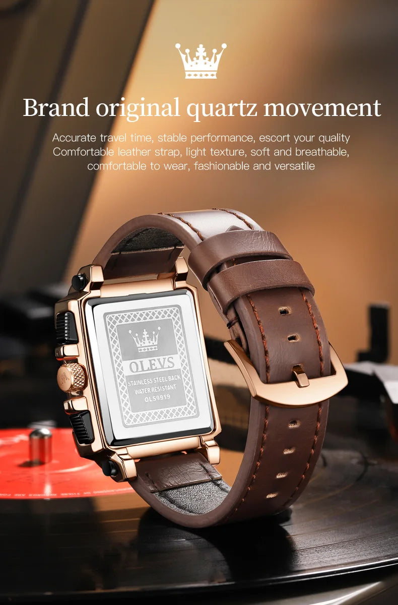 OLEVS Top Brand Male Watches Square Quartz Watch Watch For Men Waterproof Leather Strap Sport Clock Male Relogio Masculino - LKBA