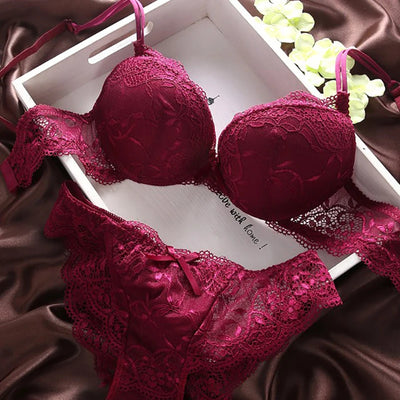 European Style Sexy Bra Set Women Cotton Underwear Sexy Lace Panties Female Push Up Brassiere Fashion Solid Color Lingerie Set - LKBA