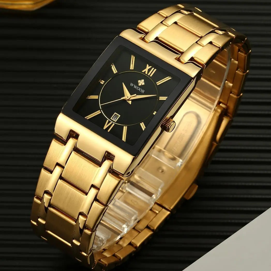 Fashion Stainless Steel Watches Men 2024 WWOOR Square Waterproof Quartz Watch Men Top Brand Luxury Gold Black Wristwatch For Man - LKBA