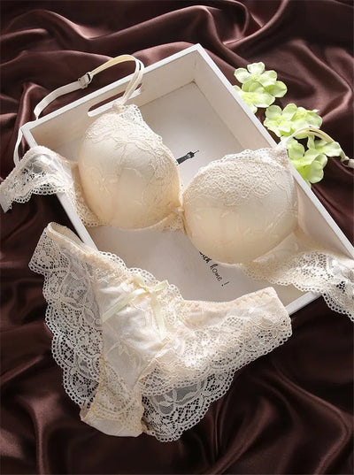 European Style Sexy Bra Set Women Cotton Underwear Sexy Lace Panties Female Push Up Brassiere Fashion Solid Color Lingerie Set - LKBA