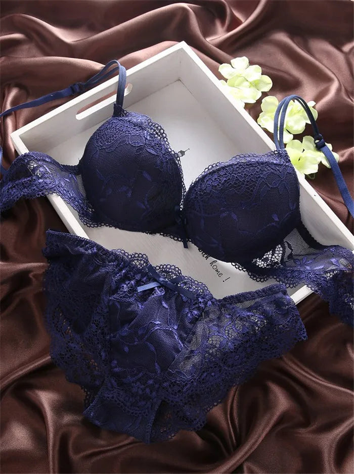 European Style Sexy Bra Set Women Cotton Underwear Sexy Lace Panties Female Push Up Brassiere Fashion Solid Color Lingerie Set - LKBA