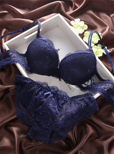 European Style Sexy Bra Set Women Cotton Underwear Sexy Lace Panties Female Push Up Brassiere Fashion Solid Color Lingerie Set - LKBA