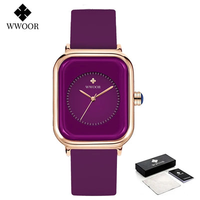 WWOOR Luxury Brand Watches For Women Fashion Square Purple Ladies Quartz Wristwatch Waterproof Silicone Band Relogio Feminino