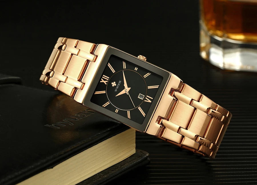 Fashion Stainless Steel Watches Men 2024 WWOOR Square Waterproof Quartz Watch Men Top Brand Luxury Gold Black Wristwatch For Man