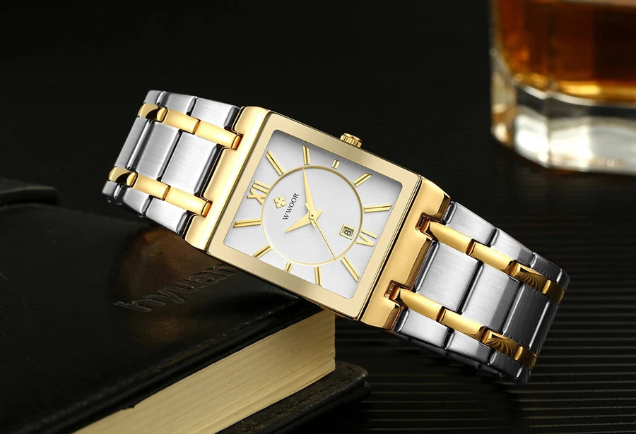 Fashion Stainless Steel Watches Men 2024 WWOOR Square Waterproof Quartz Watch Men Top Brand Luxury Gold Black Wristwatch For Man - LKBA