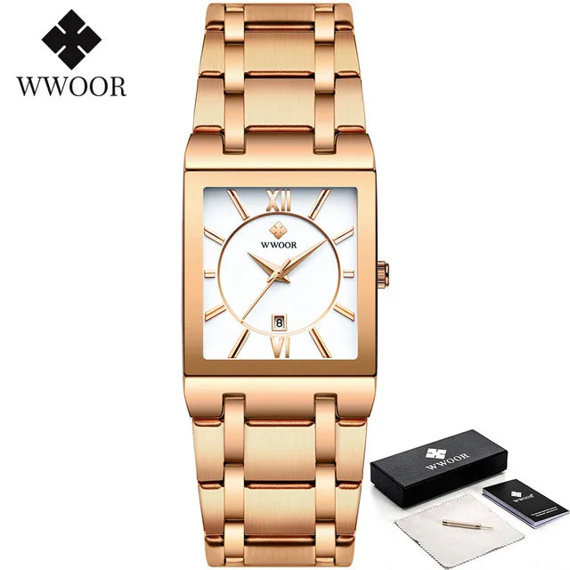 Fashion Stainless Steel Watches Men 2024 WWOOR Square Waterproof Quartz Watch Men Top Brand Luxury Gold Black Wristwatch For Man