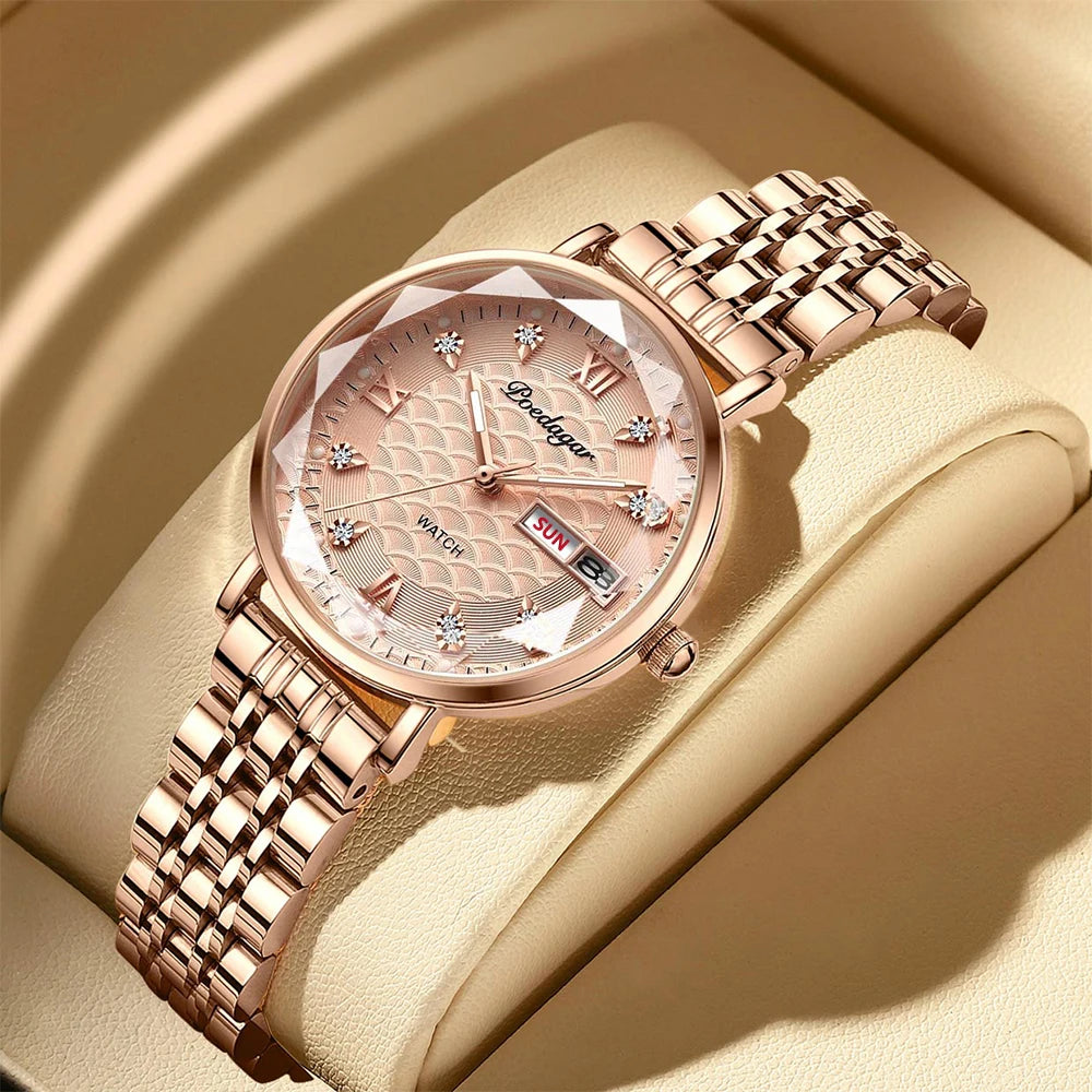 POEDAGAR Watch Women New Fashion Luxury Stainless Steel Wristwatch Bracelet Simple Rose Gold Waterproof Luminous Ladies Watches - LKBA