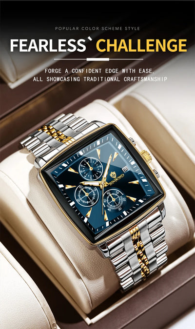 BINBOND Luxury Square Sport Man Wristwatch Waterproof Luminous Chronograph Quartz Men's Watches Stainless Steel Men Watch Reloj - LKBA