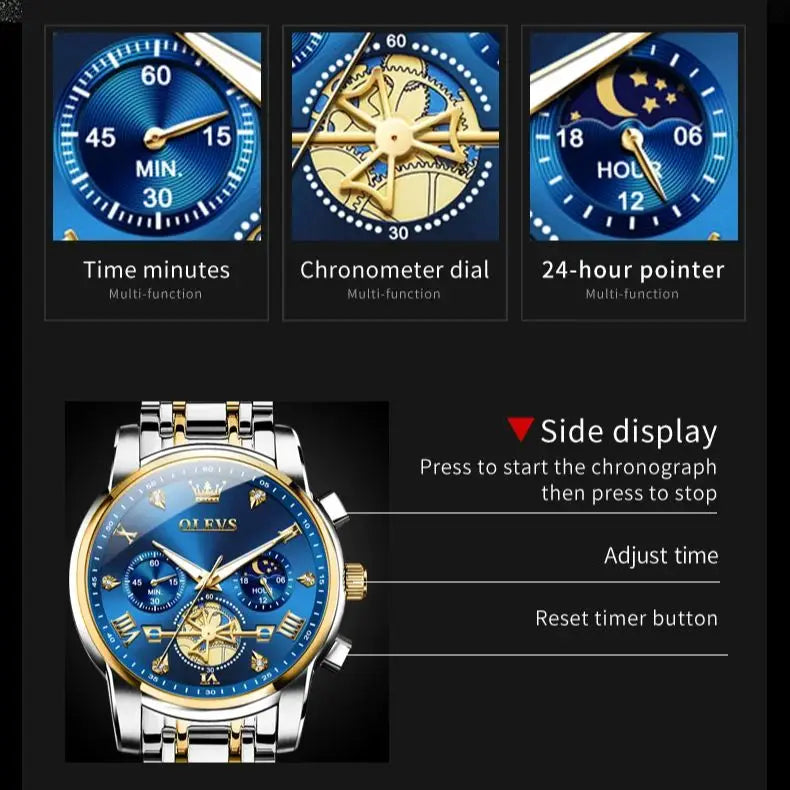 OLEVS 2856 Quartz Watch for Men Flywheel Skeleton Chronograph Moon Phase Multifunctional Stainless steel Men's Wristwatches - LKBA