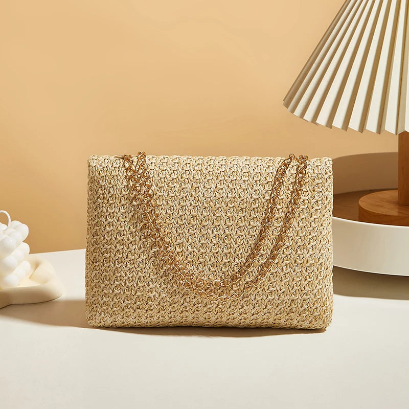Fashion Straw Women Chain Shoulder Bag Woven High-Capacity Buckle Closure Clutch Handmade - LKBA