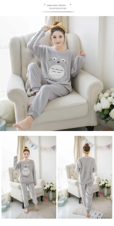 Thickened Warm Flannel Autumn and Winter Pajamas Loungewear Female Cute Cartoon Sleepwear Homewear Coral Velvet Nightwear - LKBA