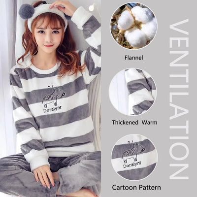 Thickened Warm Flannel Autumn and Winter Pajamas Loungewear Female Cute Cartoon Sleepwear Homewear Coral Velvet Nightwear - LKBA