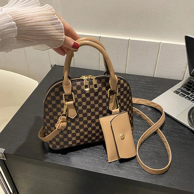 Luxury Shell Fashion Women's Handbag Simple Shoulder Bag Plaid Print Crossbody Bag with Mini Purse - LKBA