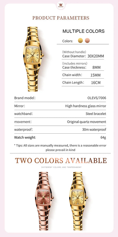 OLEVS 7006 Certified Brand Elegant Luxurious Women's Watches waterproof Tungsten Steel strip Quartz Watch for Lady Tonneau Watch - LKBA