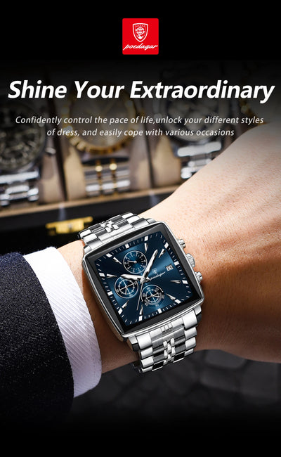 POEDAGAR Square Men Watch Waterproof Luminous Chronograph Calendar Man Wristwatch Stainless Steel Quartz Men's Watches+Box Reloj - LKBA