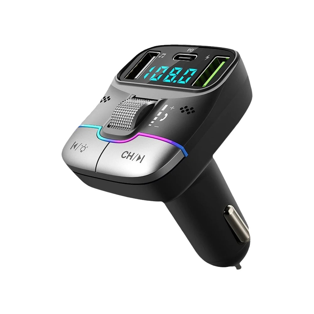 Bluetooth 5.3 Car FM Transmitter Wireless Bluetooth Car Adapter MP3 Player Handsfree Call Dual USB PD Fast Charger Roller Wheel - LKBA