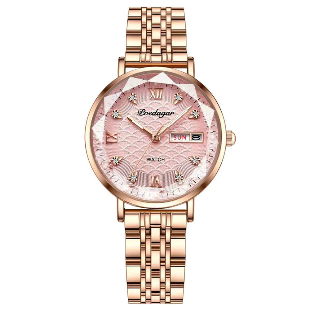 POEDAGAR Watch Women New Fashion Luxury Stainless Steel Wristwatch Bracelet Simple Rose Gold Waterproof Luminous Ladies Watches - LKBA