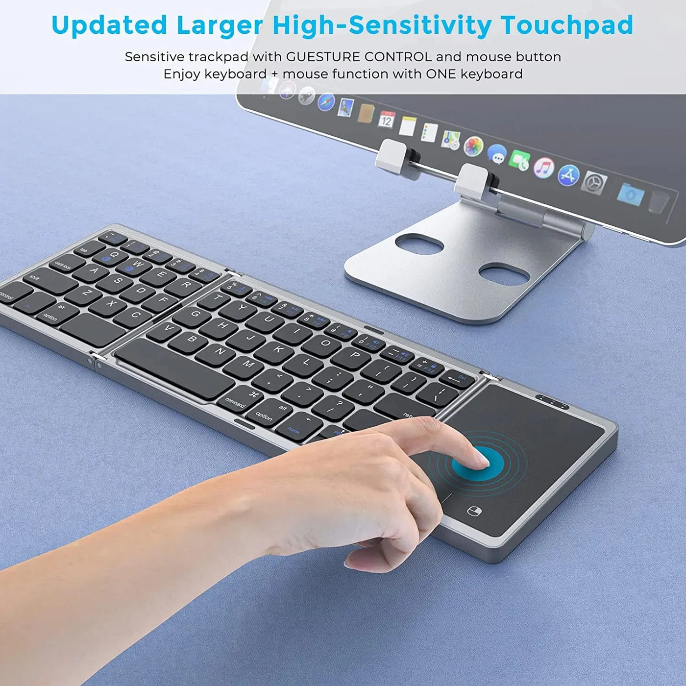 Bluetooth 5.1 Keyboard 3-Folding Mini Keyboard Rechargeable Foldable Keyboard with Touchpad - LKBA