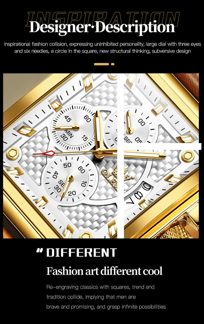 OLEVS Men's Top Brand Square Quality Quartz Wristwatch Chronograph Waterproof Original Watch for Man Luminous Date Luxury - LKBA