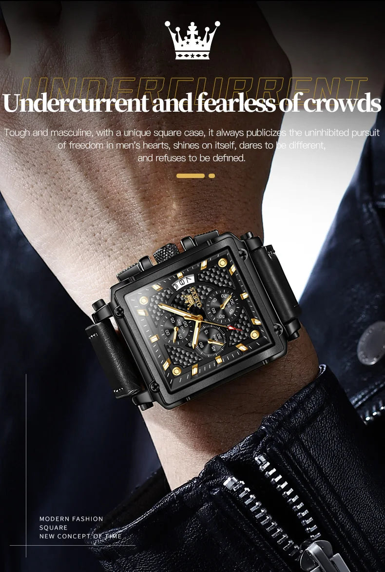 OLEVS Luxury Classic Men's Watches Top Brand Original Quartz Square Quartz Watch for Man Leather Strap Waterproof Luminous Date - LKBA