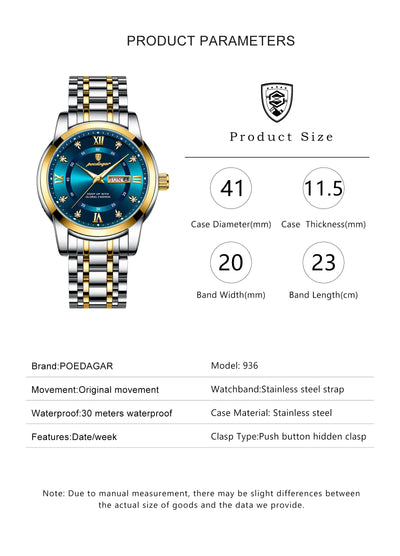 POEDAGAR Luxury Watch for Man Elegant Date Week Waterproof Luminous Men Watch Quartz Stainless Steel Sports Men's Watches reloj - LKBA