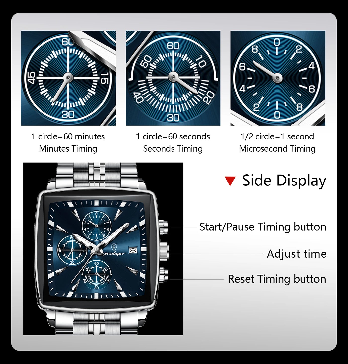 POEDAGAR Square Men Watch Waterproof Luminous Chronograph Calendar Man Wristwatch Stainless Steel Quartz Men's Watches+Box Reloj - LKBA