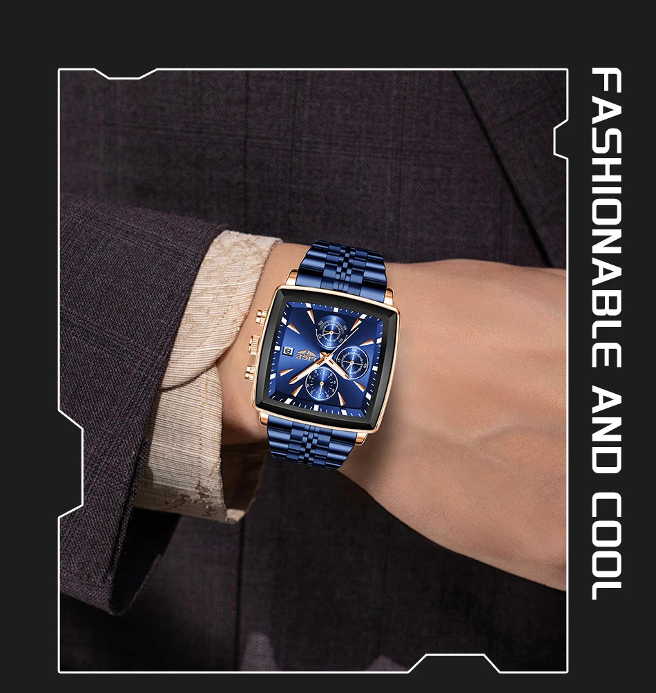 LIGE Top Brand Luxury Mens Watches Fashion Military Square Chronograph Quartz Wristwatches For Men Sports Waterproof Watch Men - LKBA