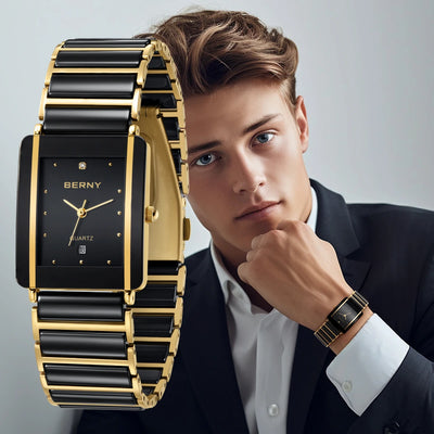 BERNY Ceramic Quartz Men Watch Fashion Luxury Rectangle Wristwatch XV12 Waterproof Calendar Diamon Black Gold Couple Gifts Watch - LKBA