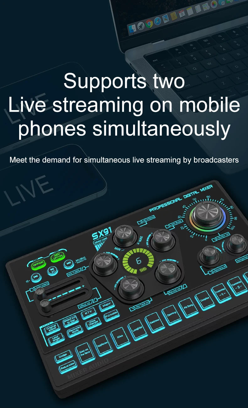 Audio Mixer with Voice changer, Podcast Mixer, Sound Card for Phone Gaming Karaoke Studio Live Streaming Podcast - LKBA