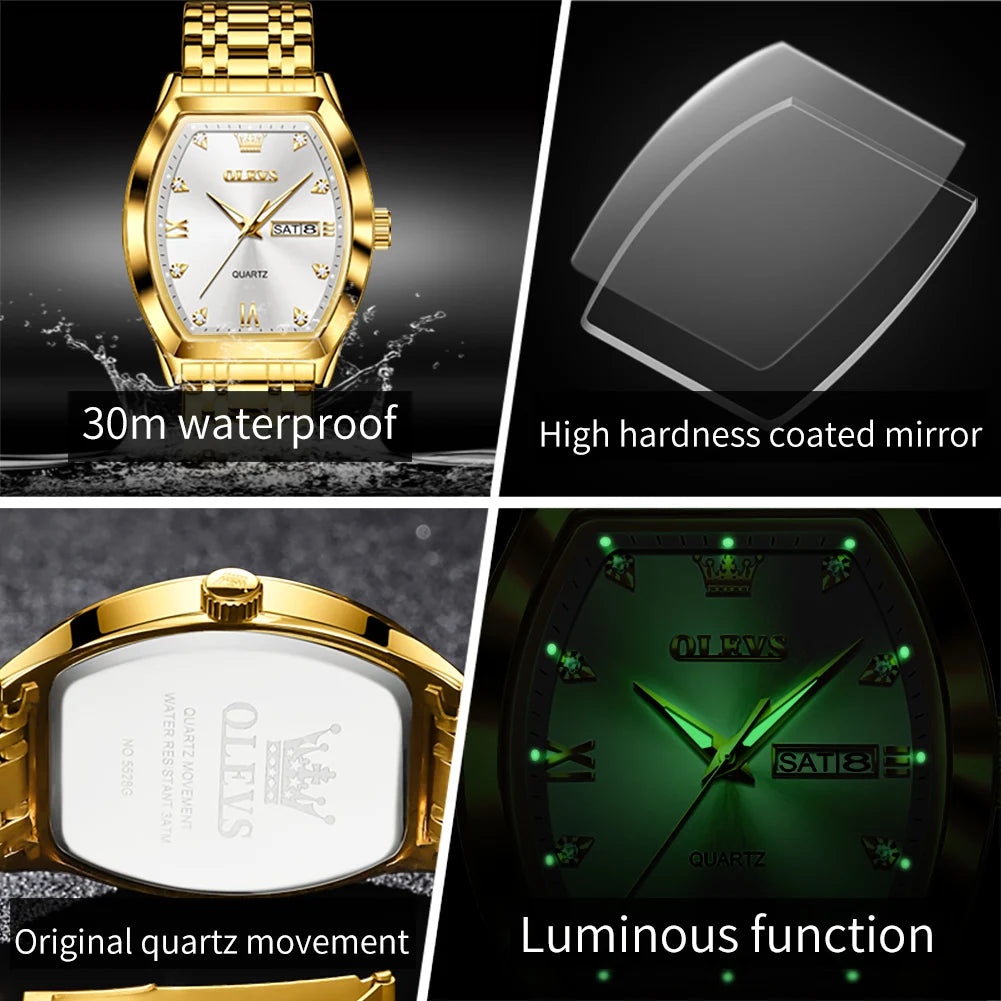 OLEVS New Men's Watches Quartz Luxury Gold Watch Classics Tonneau Dial Top Brand Waterproof Luminous Quartz Watch for Men 5528 - LKBA