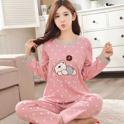 Autumn 2pieces Pyjamas Set Women Thin Sexy Sleepwear Lovely Home Suit 2025 Round Neck Girls Teacup Sleepwear Long Sleeve Pajamas - LKBA