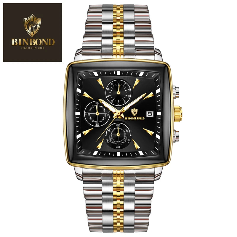 BINBOND Luxury Square Sport Man Wristwatch Waterproof Luminous Chronograph Quartz Men's Watches Stainless Steel Men Watch Reloj - LKBA