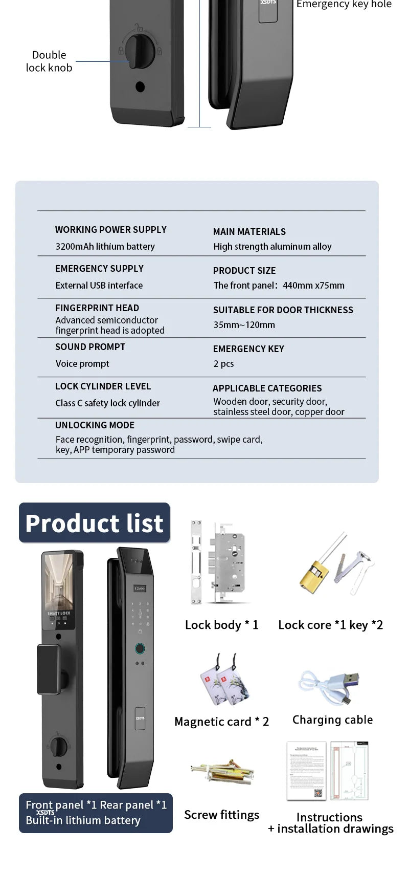 Tuya APP Smart Life APP Control Voice Intercom Smart Lock 3D Face Recognition Fingerprint Password Smart Door Lock With Camera - LKBA