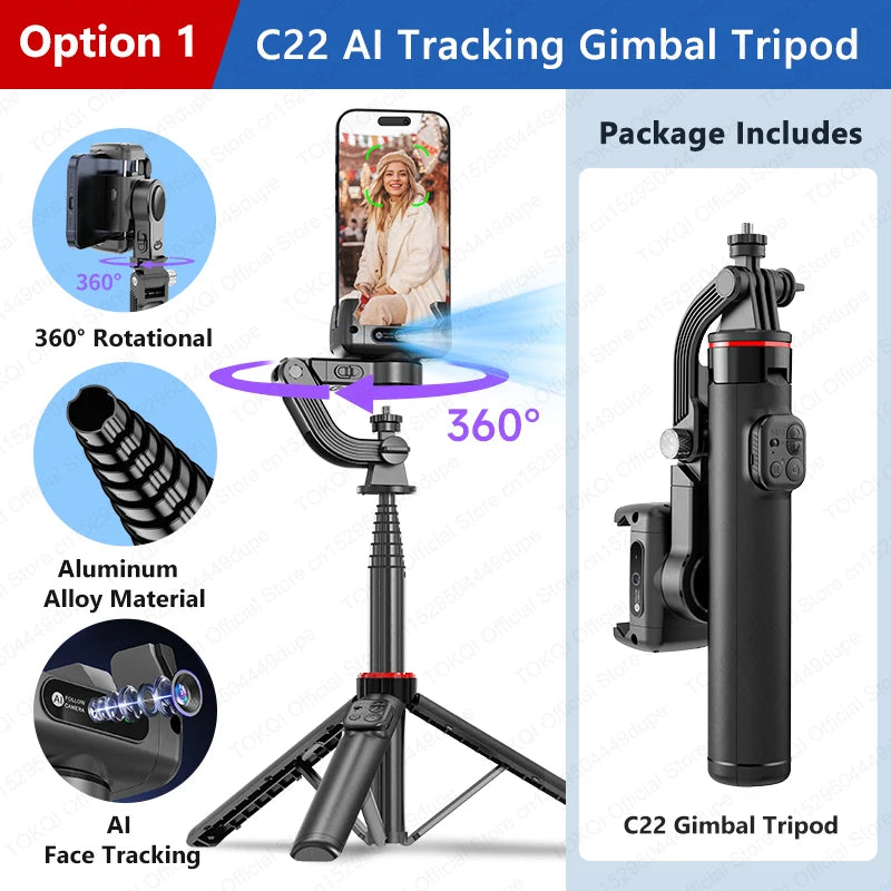 C22 AI Face Tracking Handheld Gimbal Stabilizer 360° Rotation Shoot Selfie Stick Tripod
