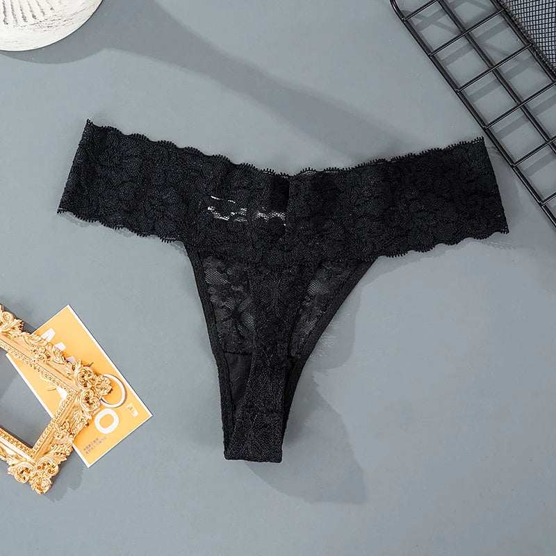 Women Sexy Lace Panties Low Waist Underwear Thong Female G-String Breathable Lingerie Temptation Hollow Out Printing Intimates - LKBA