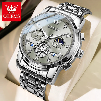 OLEVS 2856 Quartz Watch for Men Flywheel Skeleton Chronograph Moon Phase Multifunctional Stainless steel Men's Wristwatches