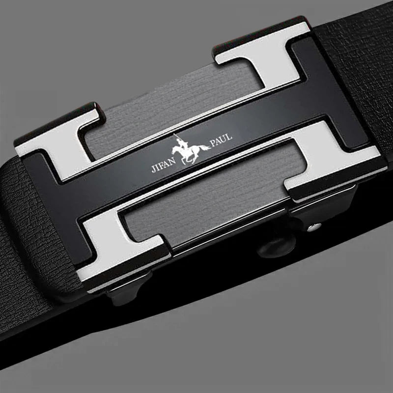 Men's waist belt with H-buckle, genuine leather belt, metal alloy automatic buckle brand - LKBA