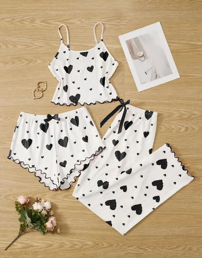 Women Sleepwear Autumn Winter Pajamas Sets Heart Print Sleeveless Cami Vest with Long Pants Trouser Set Sexy Lingerie Pyjamas - LKBA