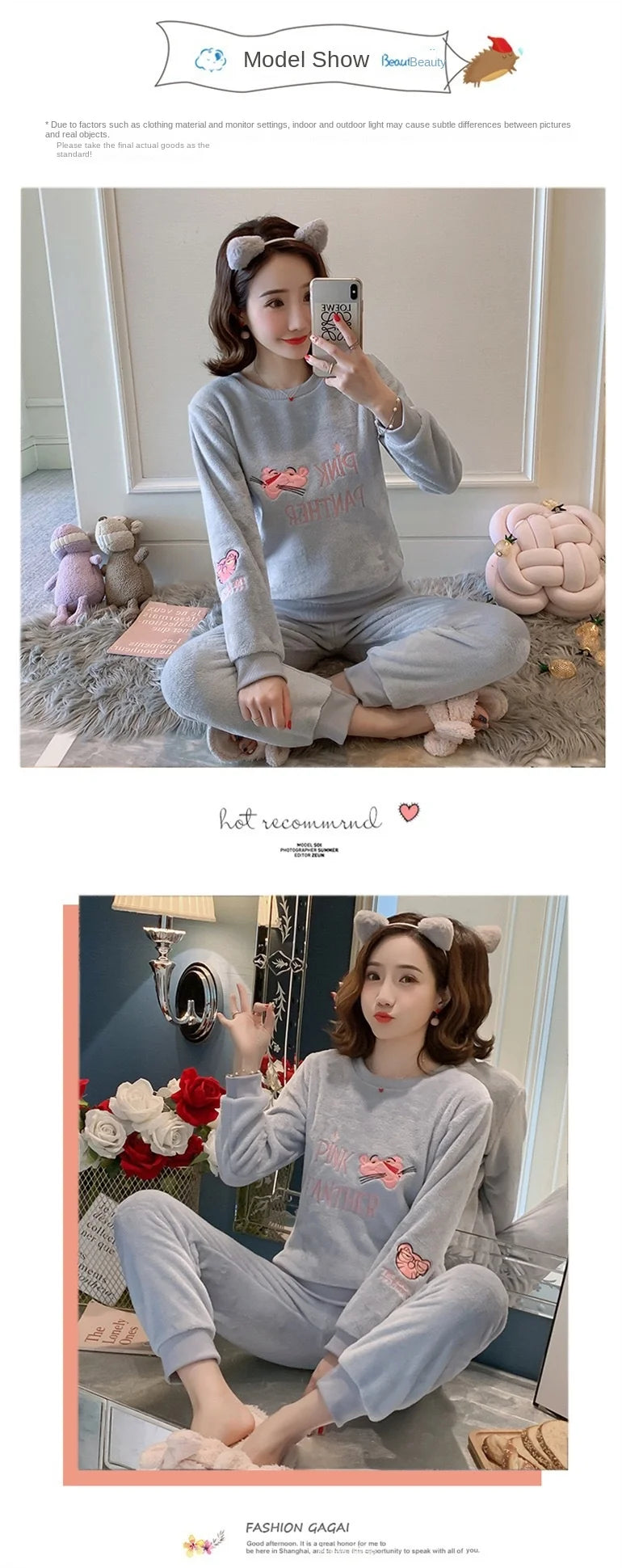 Thickened Warm Flannel Autumn and Winter Pajamas Loungewear Female Cute Cartoon Sleepwear Homewear Coral Velvet Nightwear - LKBA