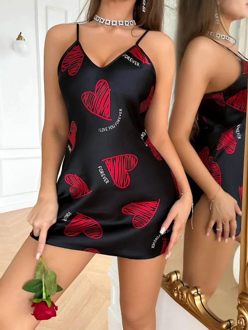 Valentine's Day Red Lip Print Satin Slip Nightdress V Neck Backless Mini Sleep Dress Women's Sleepwear Dresses - LKBA