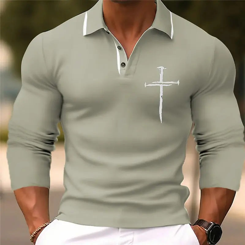 Men's 3D Printed Cross Pattern Golf Shirt Long Sleeve Polo Shirt Business Casual - LKBA