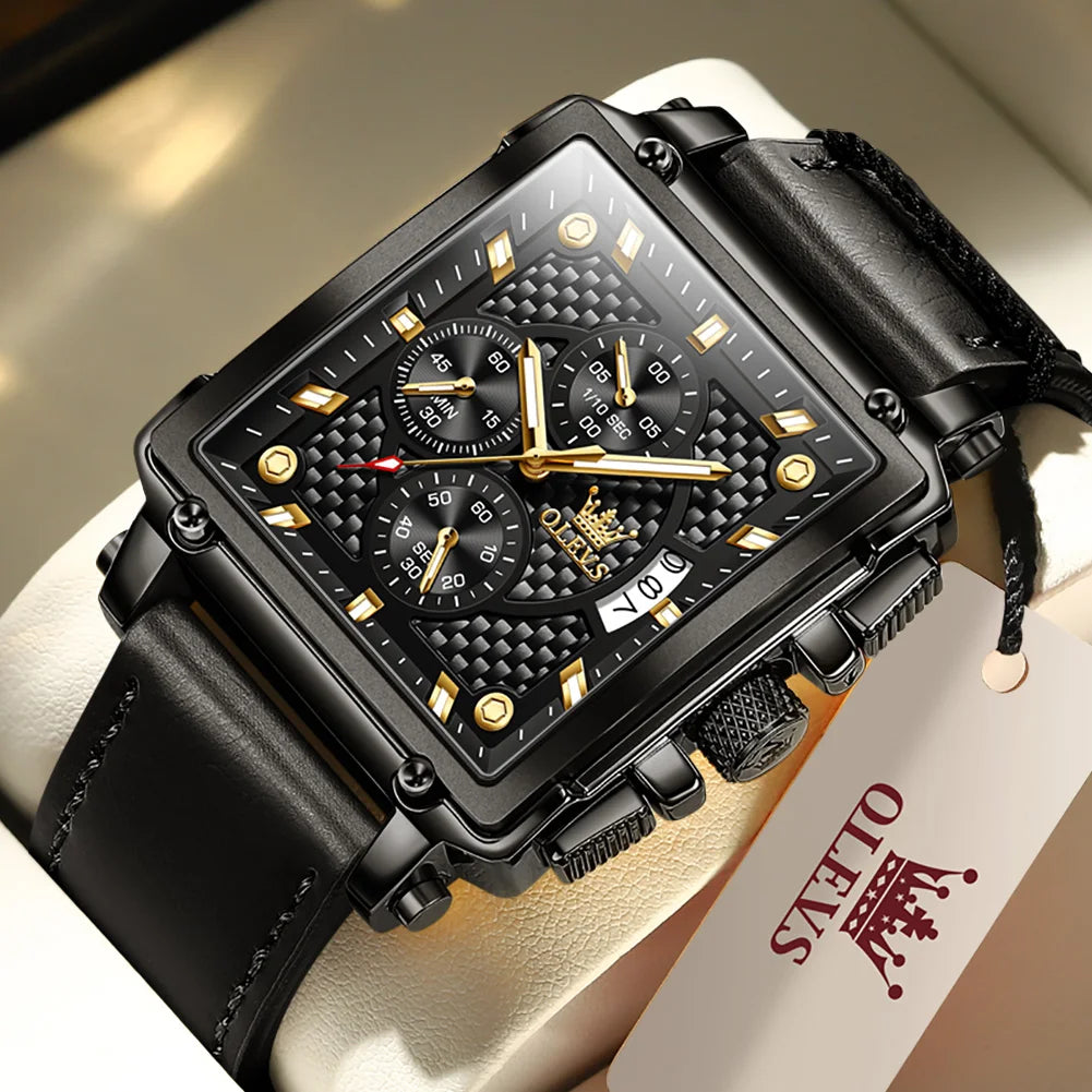 OLEVS Luxury Classic Men's Watches Top Brand Original Quartz Square Quartz Watch for Man Leather Strap Waterproof Luminous Date - LKBA