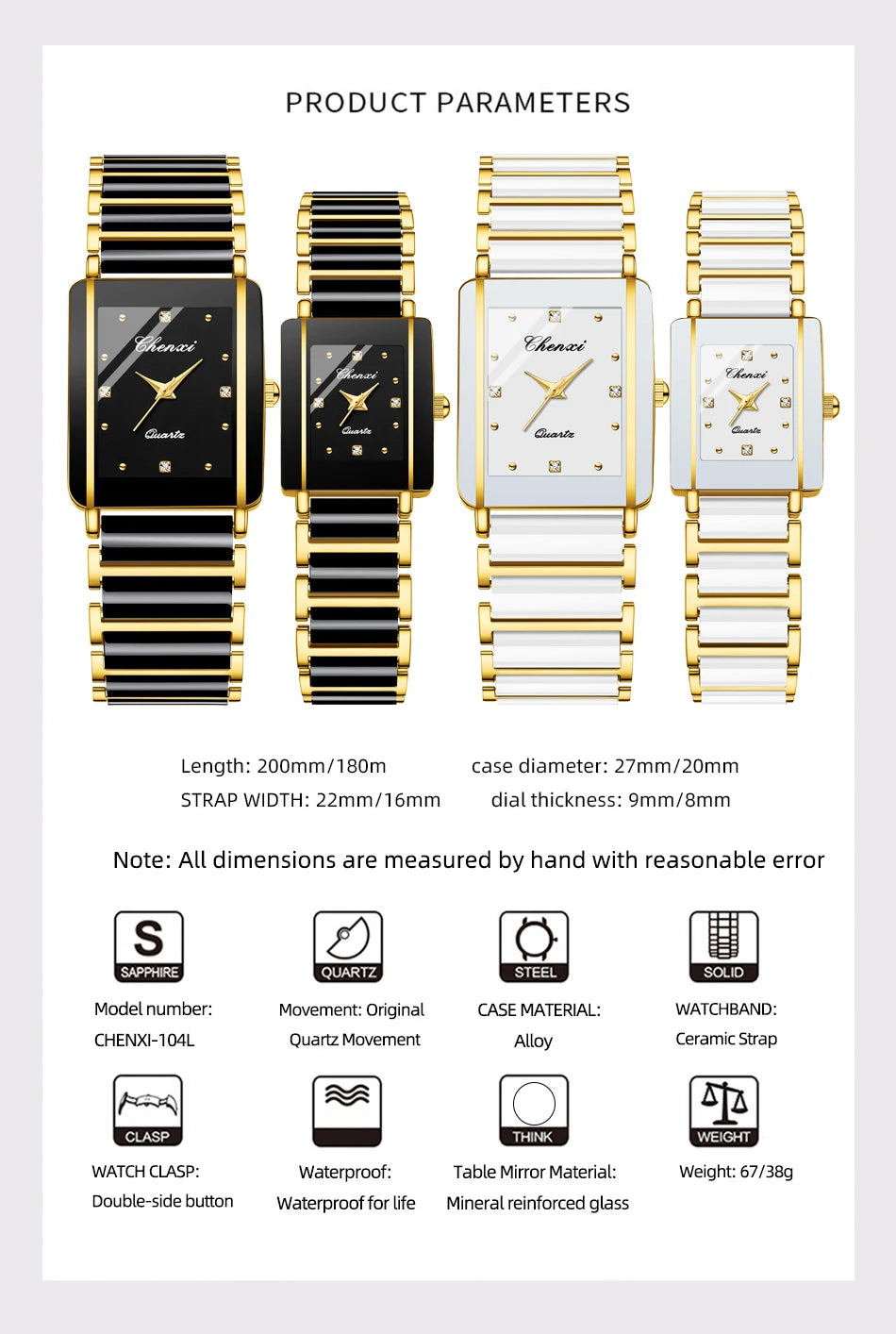 CHENXI 104A Couple's Quartz Watch Gold Black and White Ceramic Luxury Watch Men's and Women's Valentine's Day Gift Watch reloj - LKBA