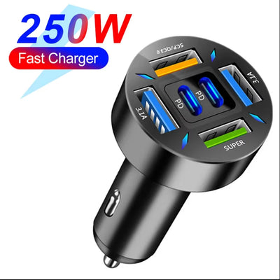 250W PD Car Charger QC3.0 Fast Charge two to Six Port Car Cigarette Lighter Plug Car Charger Flash Charge with Digital Display - LKBA