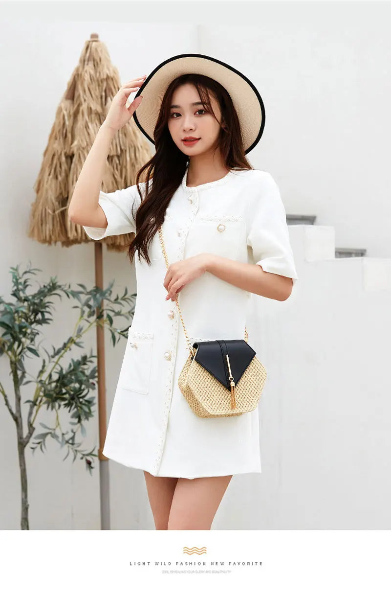 Shape Straw PU Leather Handbag Women Summer Rattan Bag Handmade Woven Beach Bohemia Chain Strap Shoulder - LKBA