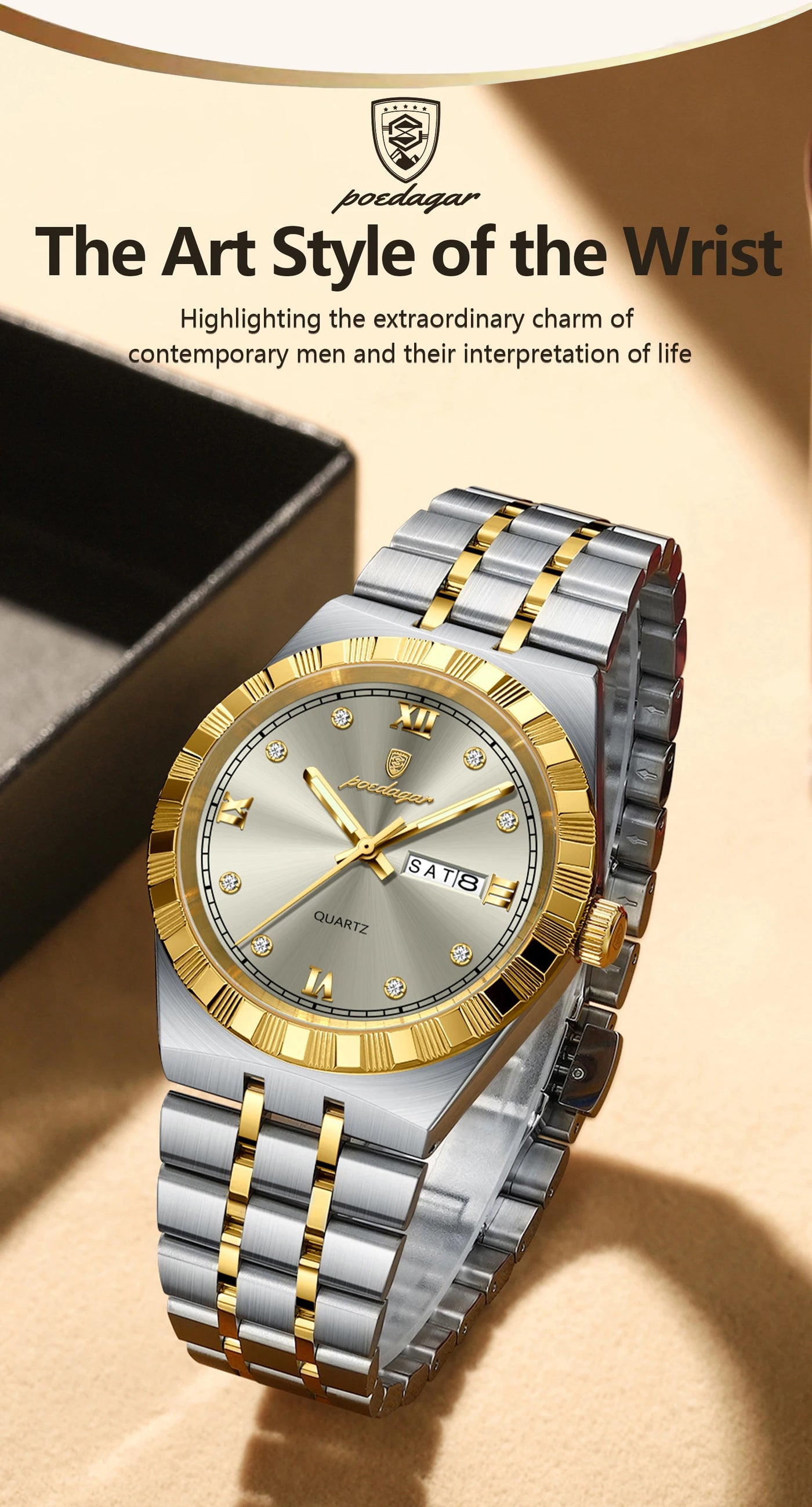 POEDAGAR Original Military Man Wristwatch Quartz Week Date Watch For Men Waterproof Luminous Stainless Steel Men's Watches Reloj - LKBA