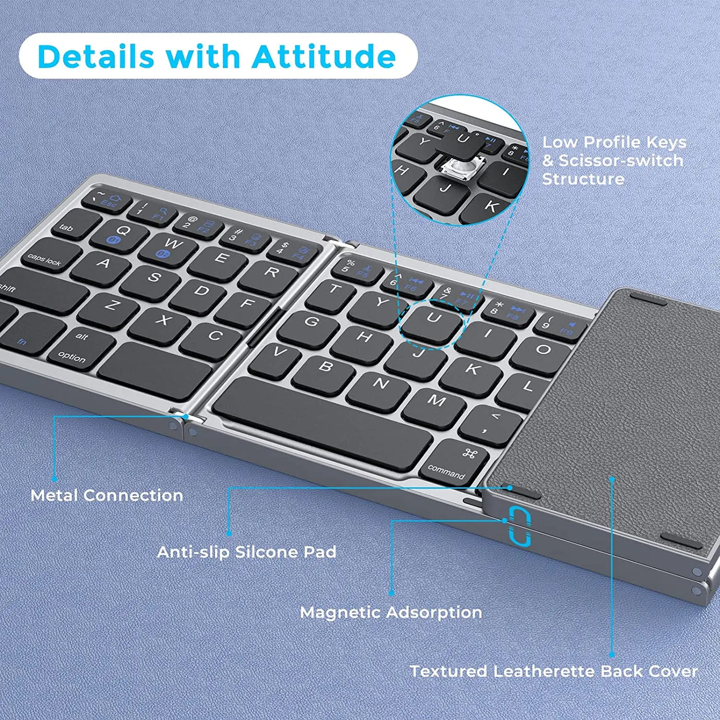 Bluetooth 5.1 Keyboard 3-Folding Mini Keyboard Rechargeable Foldable Keyboard with Touchpad - LKBA